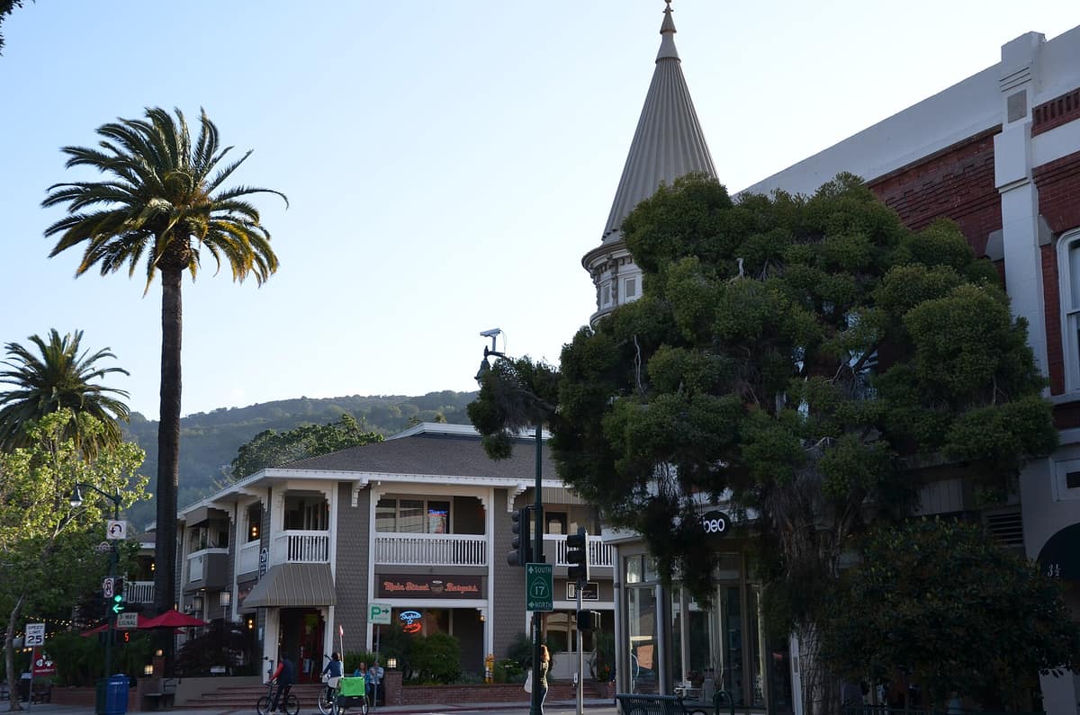 The corner of Main Street and Santa Cruz Avenue, with palms and the turret of the La Cañada Building