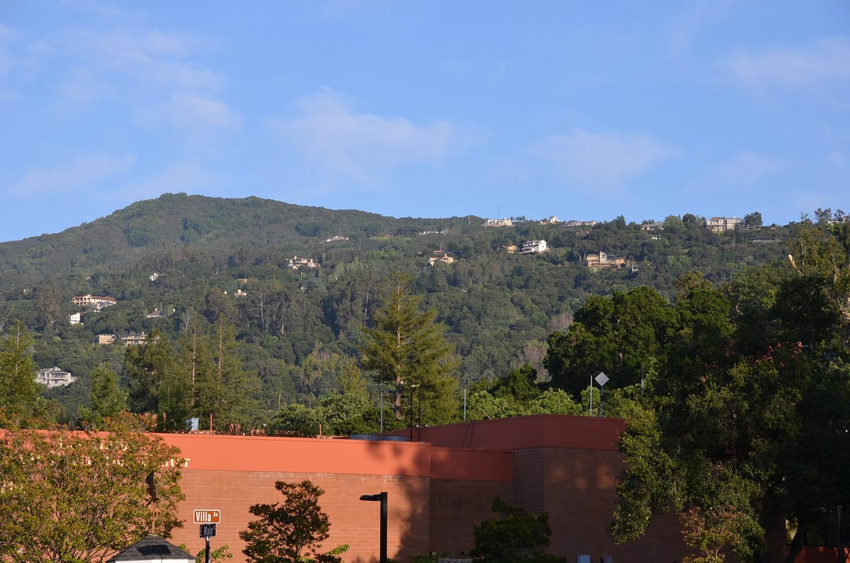 Wooded foothills rising above the rooftops of Los Gatos