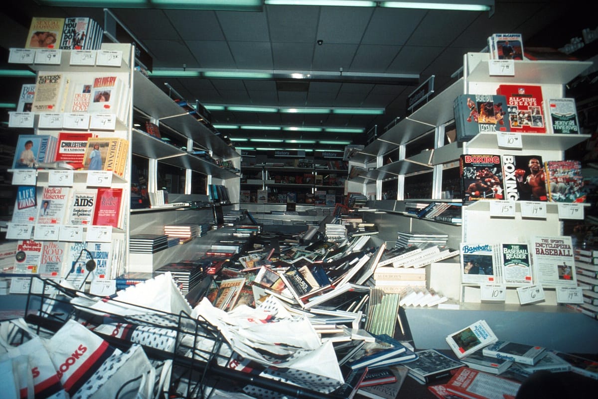 Books thrown from the shelves of a Los Gatos shop in the 1989 earthquake