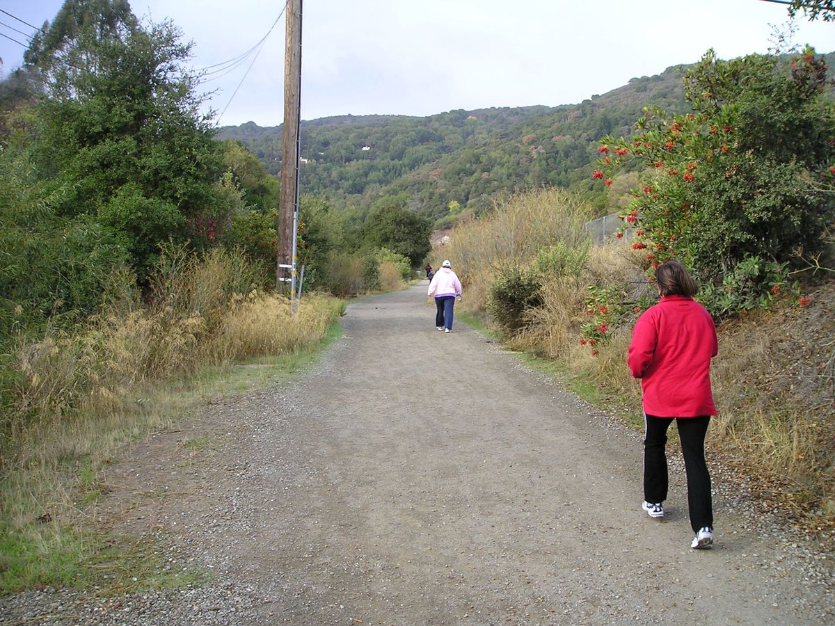 Walkers on the dirt section of the Los Gatos Creek Trail in the canyon