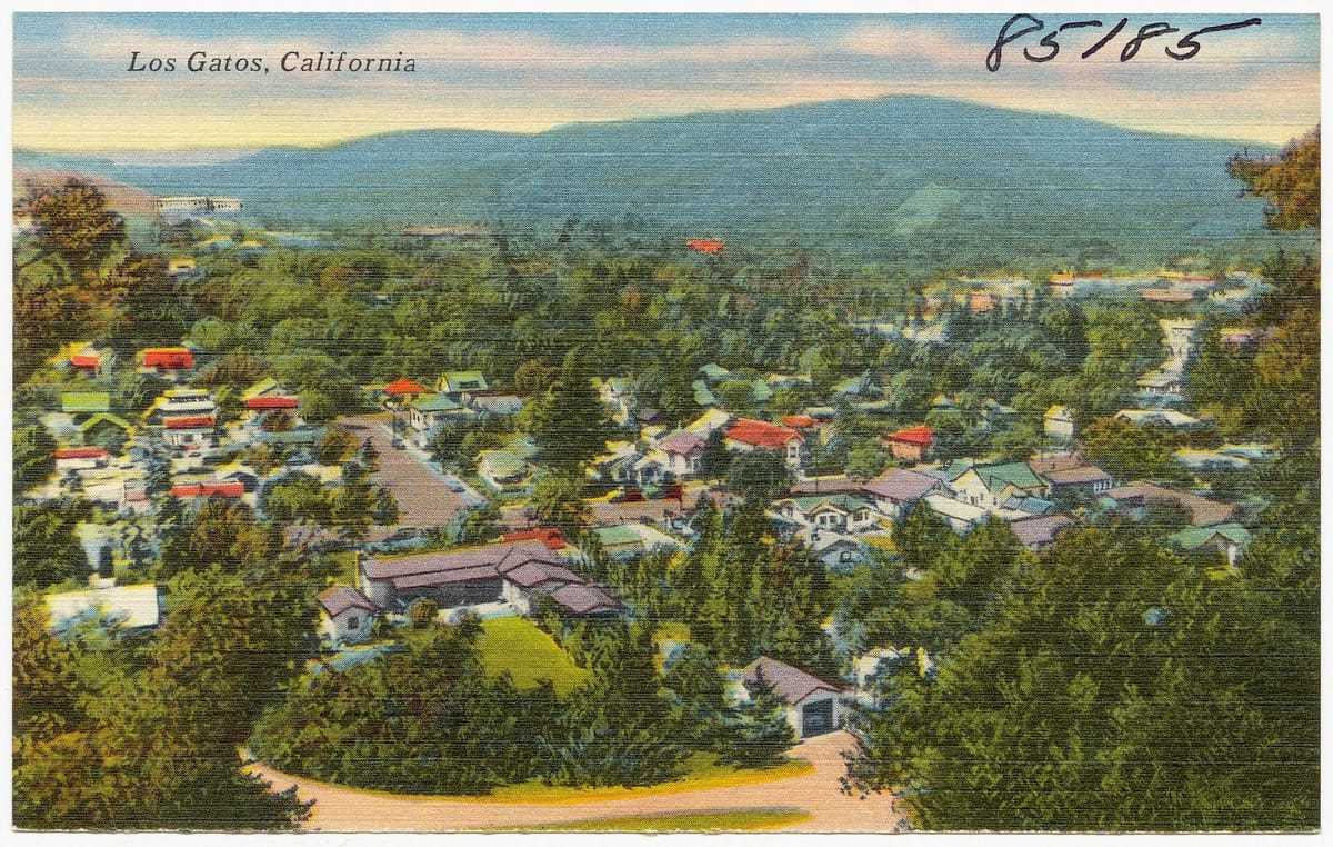 An old linen postcard view over the rooftops of Los Gatos to the hills