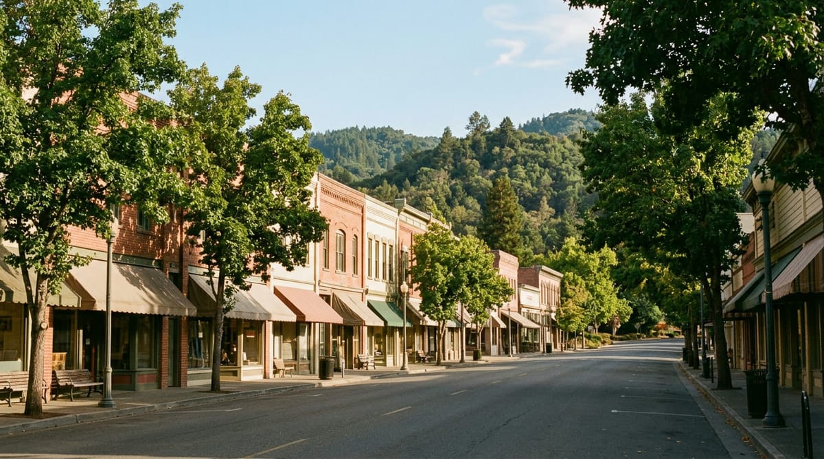 An old small-town main street at golden hour with green foothills behind