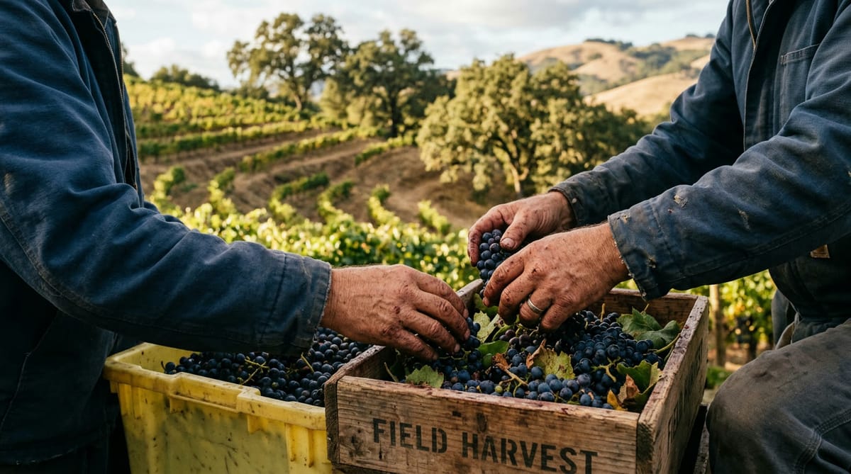 Hands sorting freshly picked grapes beside a hillside vineyard