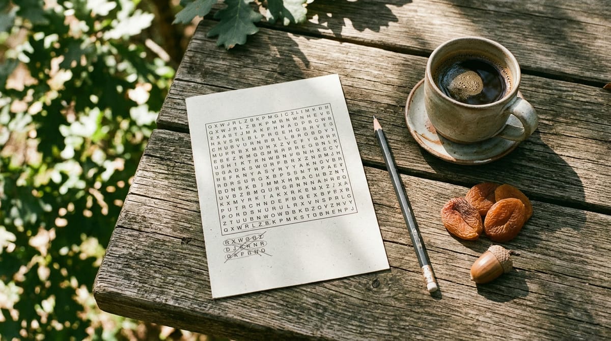 A word search, a pencil, coffee and dried apricots on a picnic table under the oaks