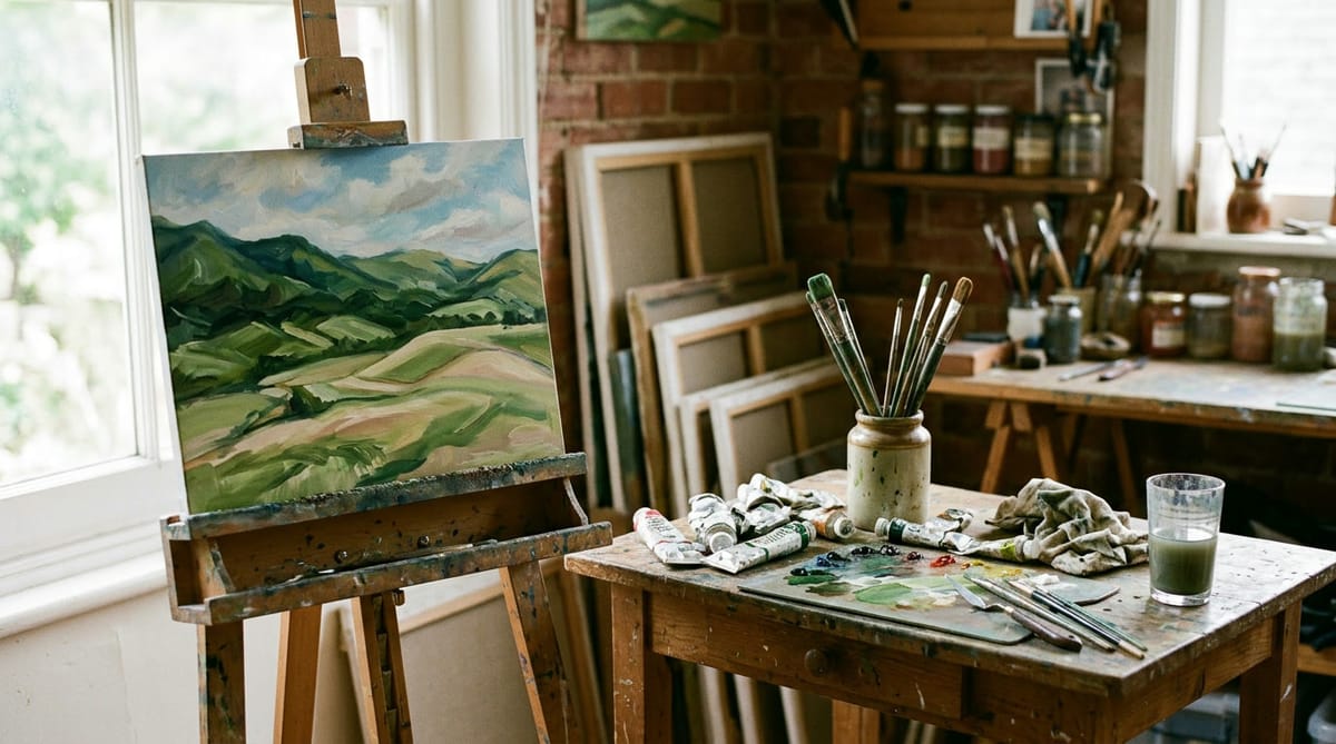 An easel and paints in a small studio